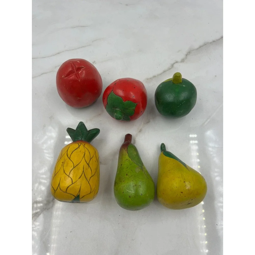 Vintage Hand Carved Wooden Fruit Set 6 Piece Decorative Pineapple Pears Folk Art